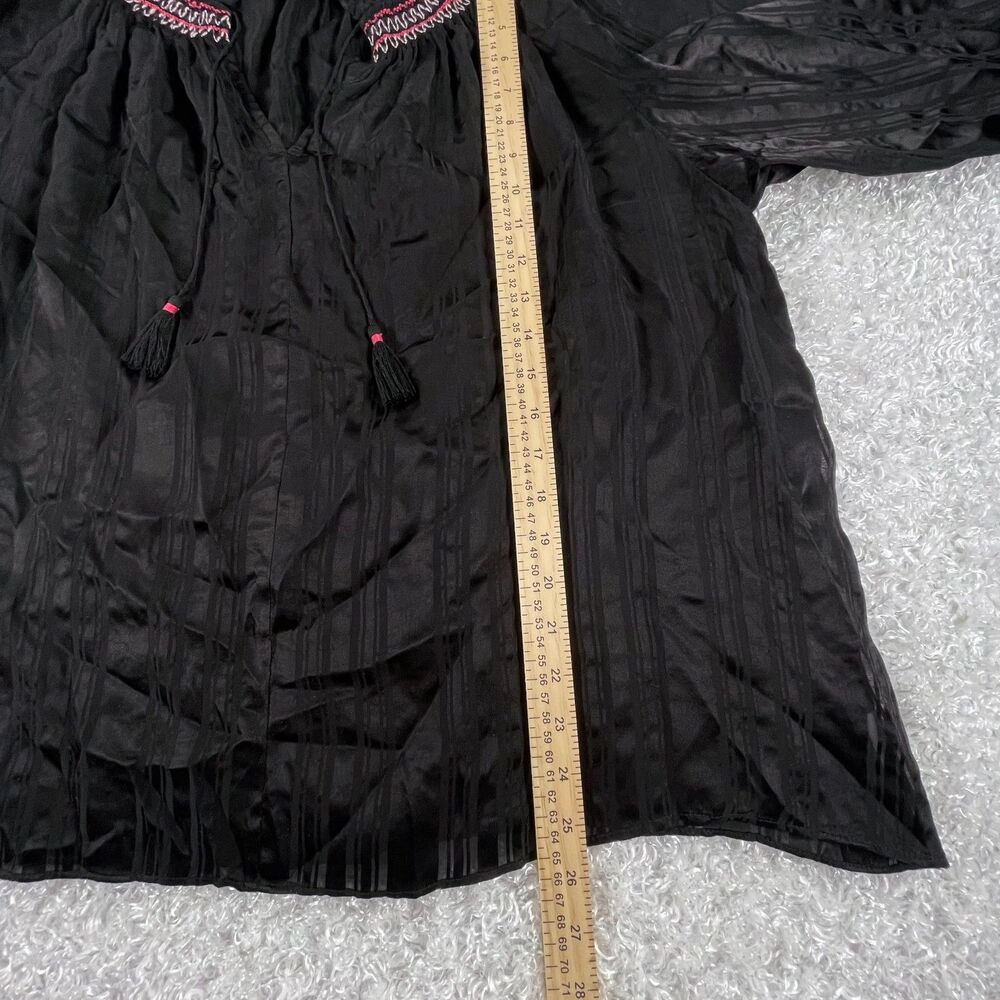 Johnny Was L Silk Zig Zag Embroidered Blouse Black Tassels Boho Peasant Top Luxe - Picture 10 of 14
